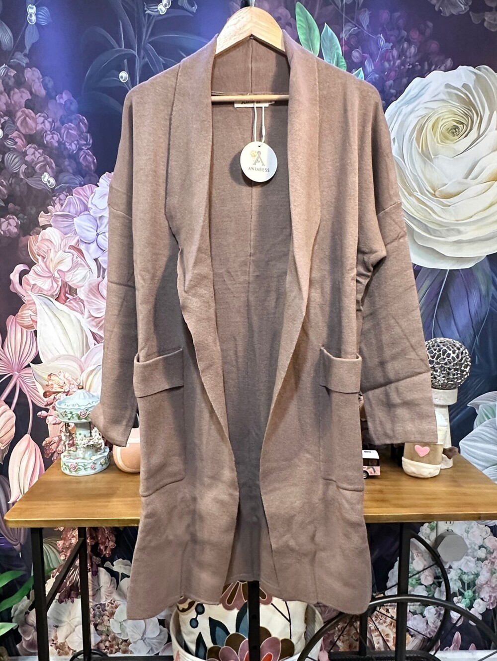 Anrabess XL Brown Cardigan Quiet Luxury Minimalist Draped Front Longline
